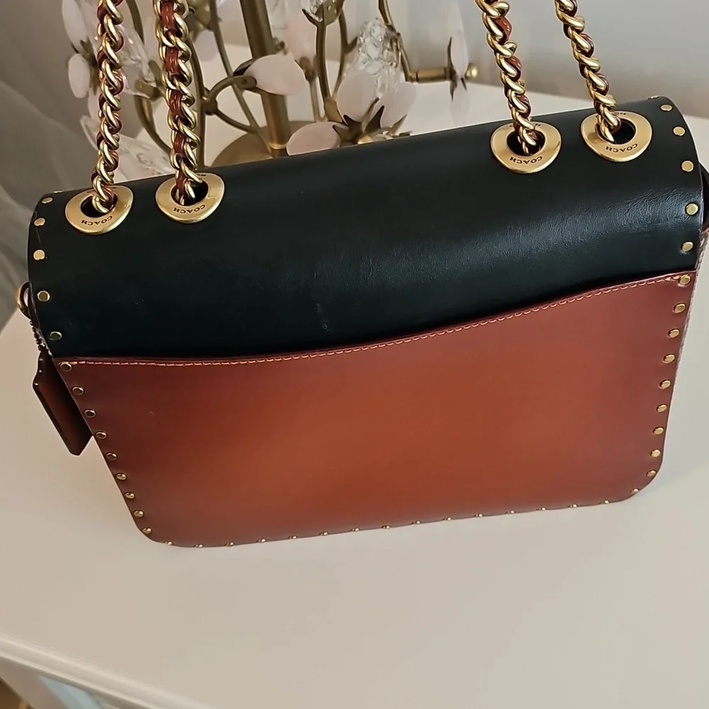 Coach Tea Rose handbag.  Chic Black and Brown Designer Handbag with Gold Chain - Picture 3 of 10